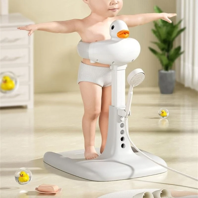 Foldable Toddler Shower Aid Lovely Duck Bathing Station Shower Rack Large Base Adjustable Height for Growing Baby 15UB