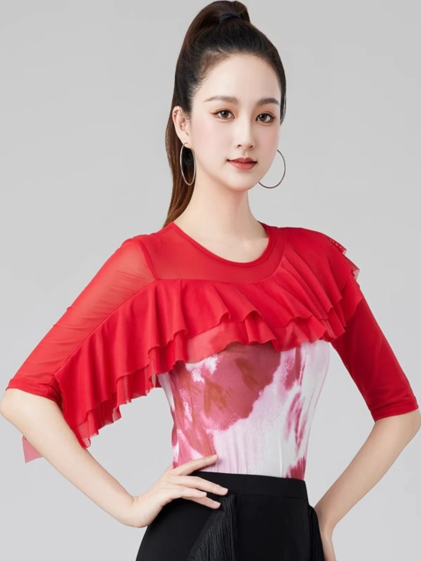 Party Dresses Samba Red Tops Half-sleeved Elegant Ruffle Women Modern Dance Clothes Bodysuit Ballroom Latin Dance Leotard Tops