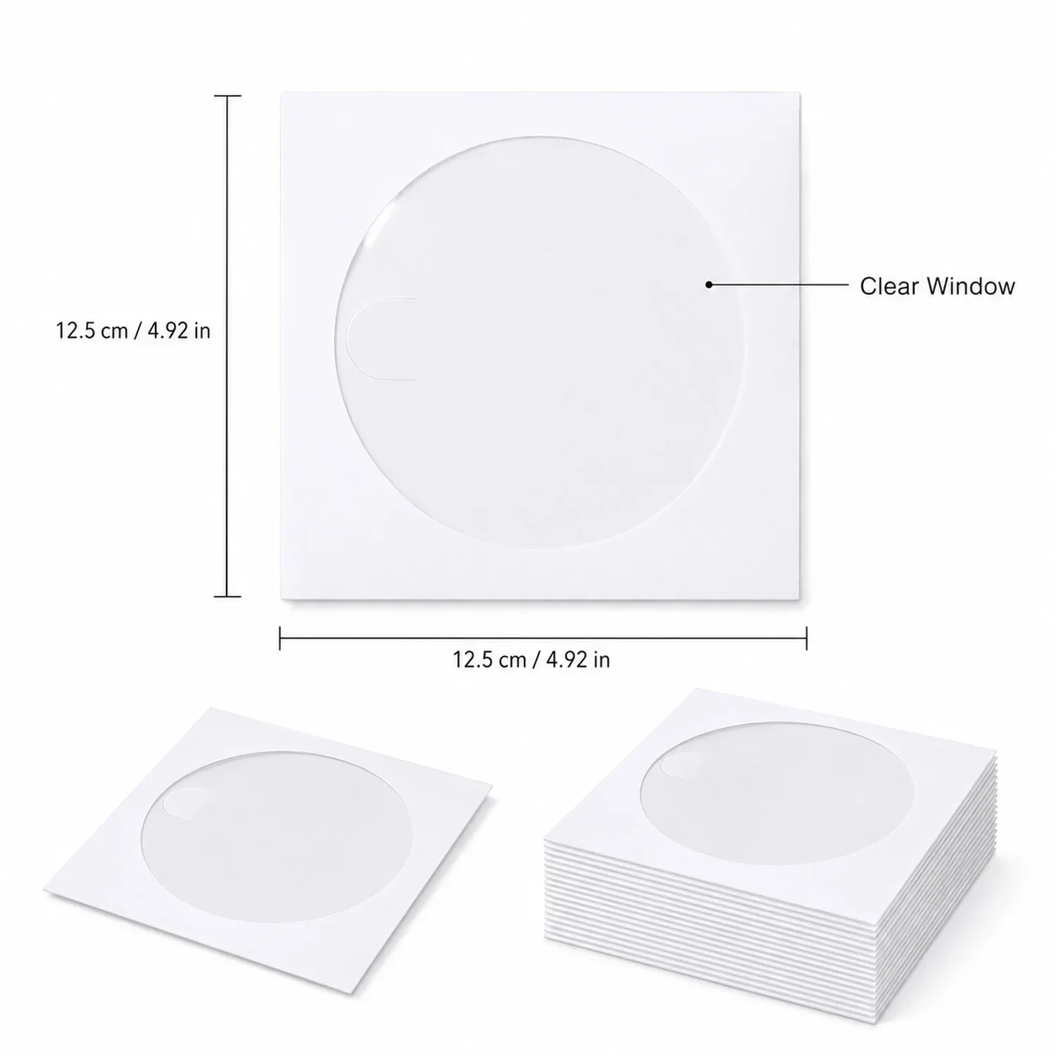 50-200Pcs 12.5cm CD/DVD Paper Sleeves, Clear Window Storage Envelopes with Flap, White Foldable Disc Sleeves