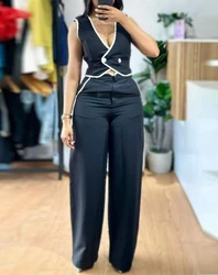 Two Piece Set Women Outfit 2025 Spring New Colorblock V-Neck Contrast Binding Sleeveless Vest Tank & Casual Wide Leg Pants Set