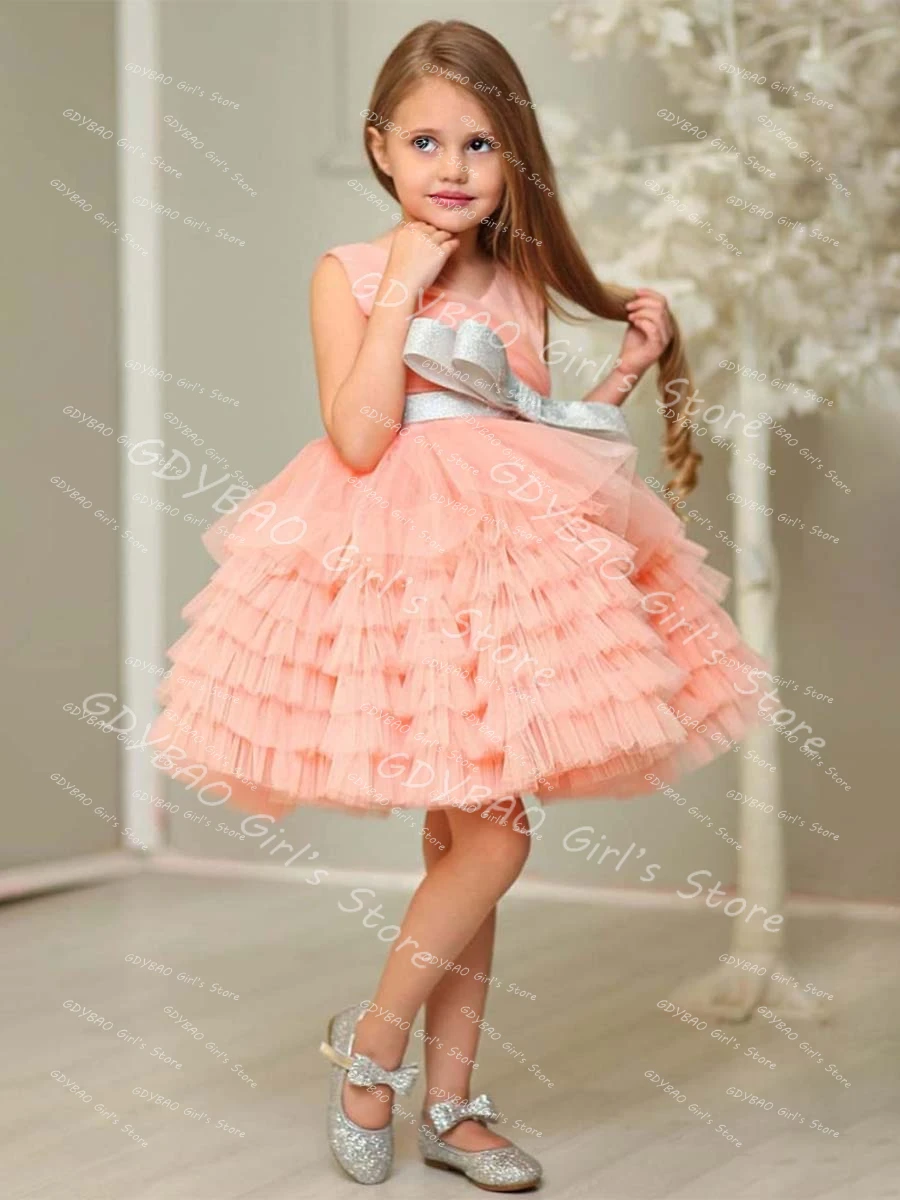 فستان حفلات للفتيات منفوش مع وشاح فيونكة متدرج توتو الأميرة فستان حفلات بطول الركبة للأطفال مخصص لحفلات الزفاف فستان فتاة الزهور