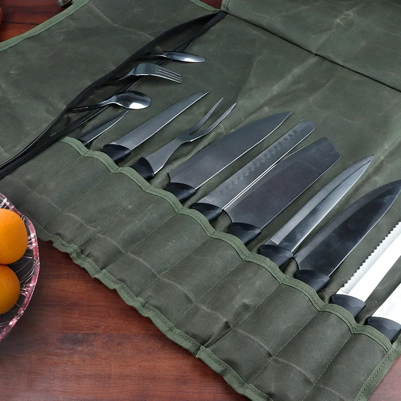 Canvas Chef Knife Bag Knife Roll Bag Kitchen Cooking Bag Portable Knife Carry Bag Knife Storage Bag Pockets Roll Up Knife Bag