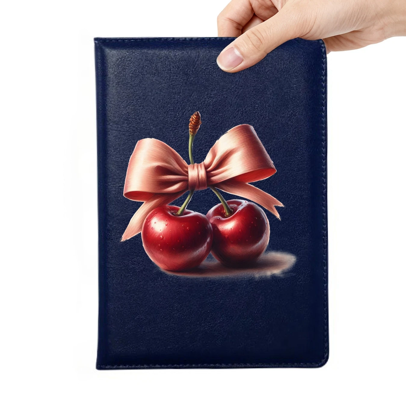 Vintage Realistic Cherry Ribbon A5 Leather Notebook Personalized Soft Cover with Bookmark for Office, School, Journal, Gift