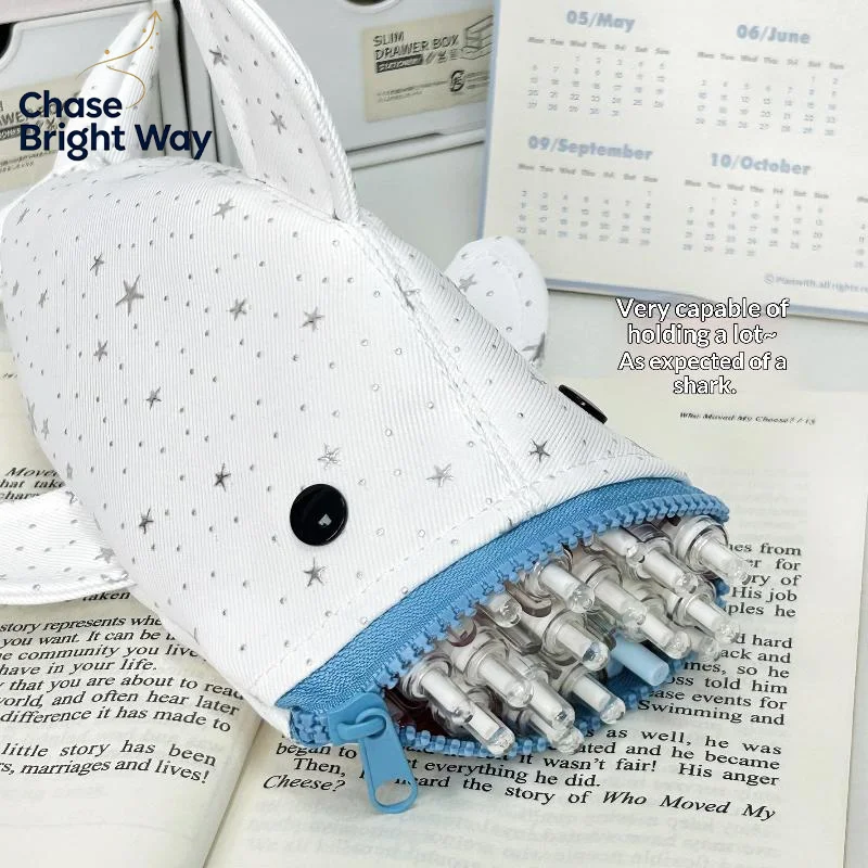 Cute Star Print Shark Pencil Case Large Capacity Kawaii for School and Office Supplies