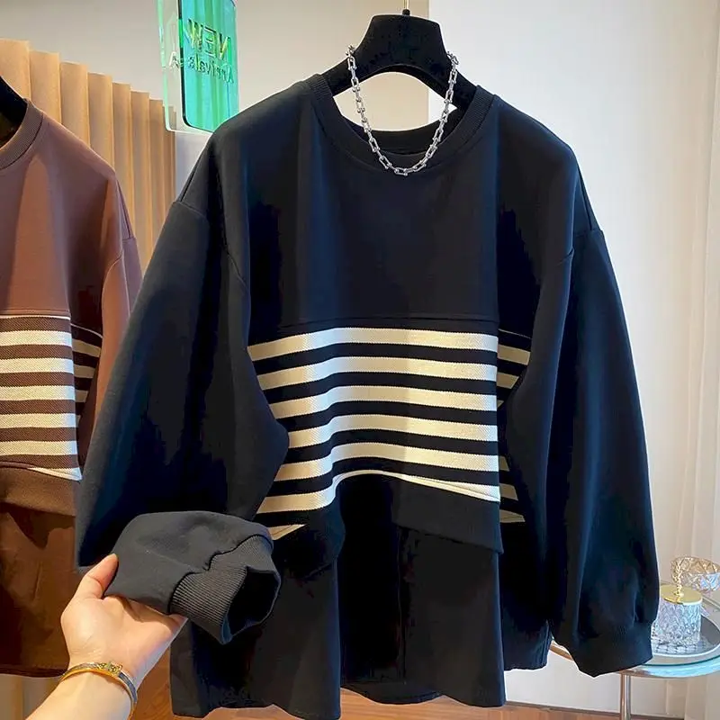 Oversized Pullovers Women Loose Casual Hem Shirt with Patchwork Striped Pullover for Men Fashion Design Tops Autumn Winter Trend