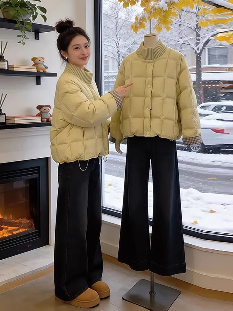 

Slimming Thickened Loose Korean Style Women's Cotton Jacket Beautiful Plaid Sleeve Caps round Neck Winter Outerwear Coat