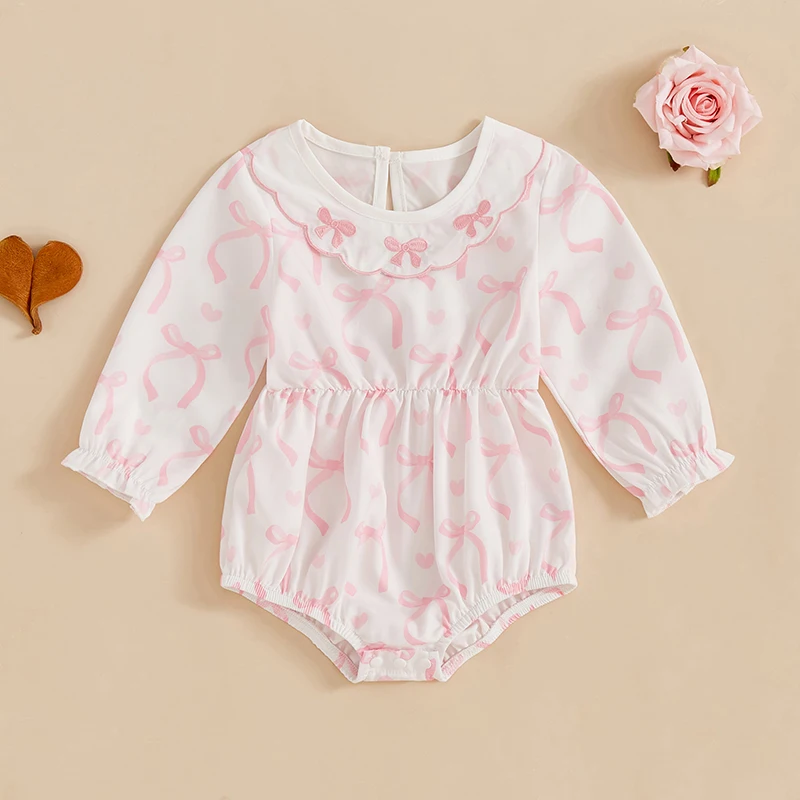 Baby Girls Romper, Long Sleeve Crew Neck Bowknot Print Bodysuit Clothes for Casual Daily