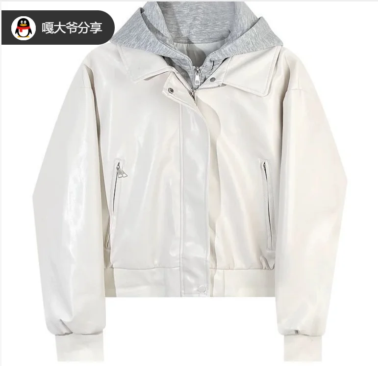 Korean Fashion Splice Design Hat Jacket Women's Spring 2026 Versatile Leather Jacket Fake Two-Piece Outerwear