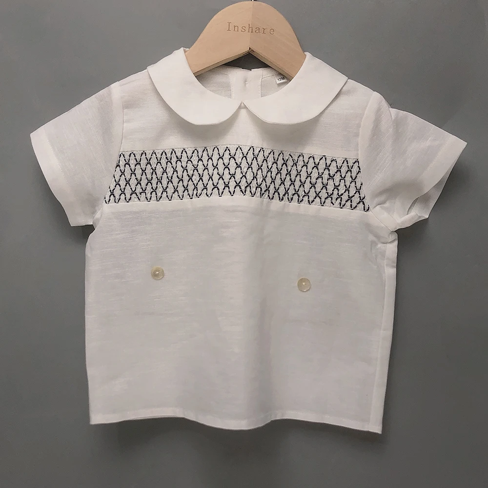 2Pcs Children Boutique Clothing Boy Spanish Smocking Set Cotton Linen Summer Short Sleeves Suit Toddler BABI Outfit Baptism