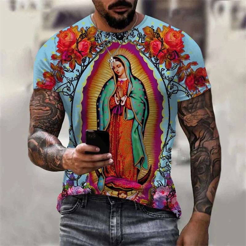 Christians Virgin Mary Pattern T-Shirt For Men Guadalupe 3D Printed Tee Summer Casual Harajuku Short Sleeve T Shirts O-Neck Tops