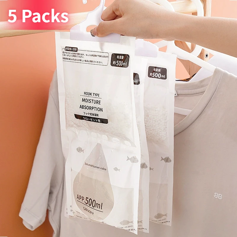 5 Packs Household Dehumidification Bags,Hangable Wardrobe Dehumidifier Bag, Moisture-proof Dehumidification Agent, Humidity Pack