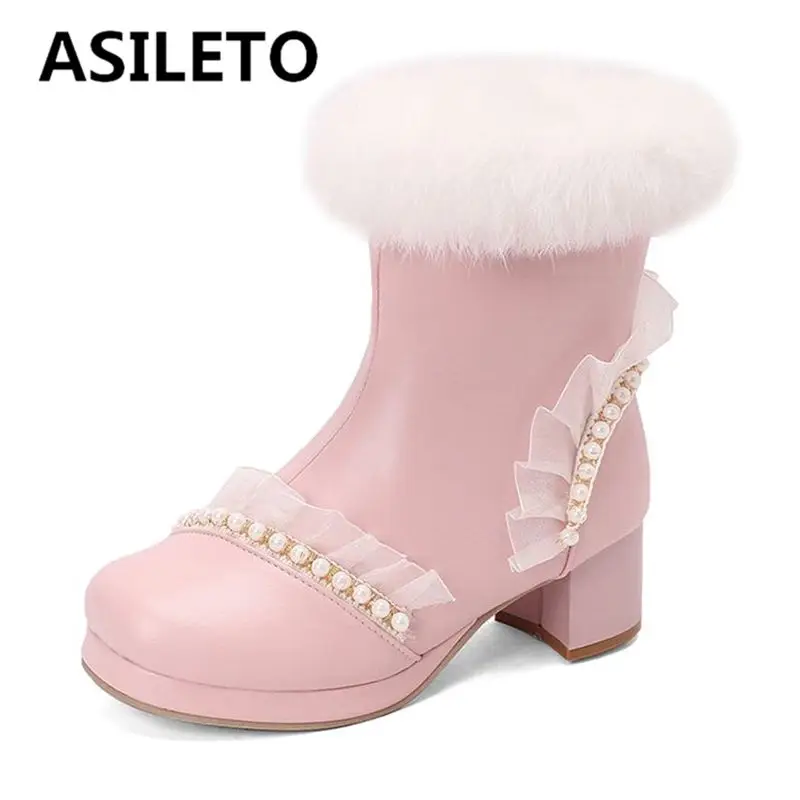

ASILETO Sweet Girls Boots Round Toe Block Heels 5cm Zipper String Beads Rabbit Fur Platform Big Size 46 47 48 Warm Dating Bota