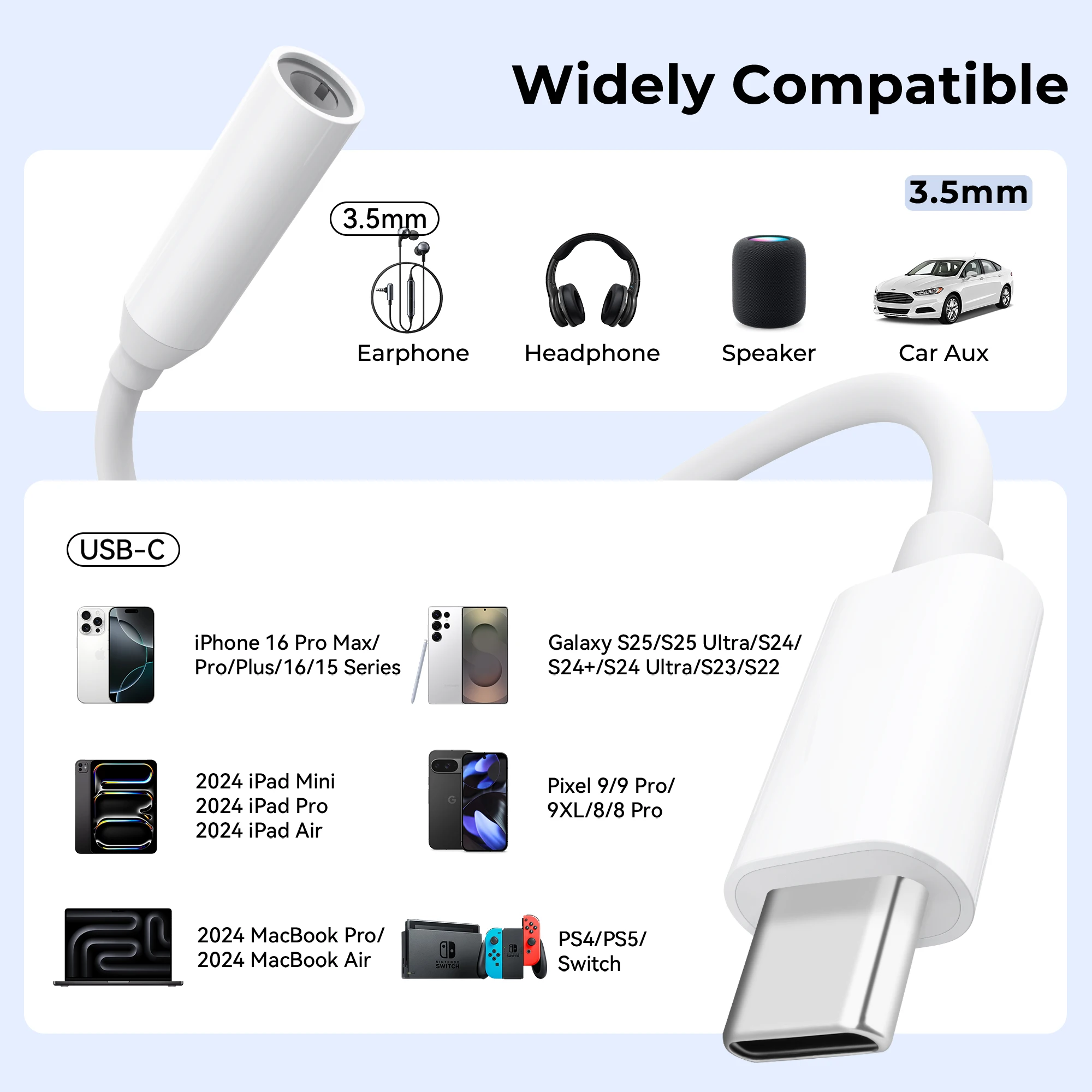 Type C To 3.5 Jack Earphone Adapter USB-C 3.5mm Audio Cable Converter For iPhone 16 Pro Max 16 15 Samsung Google Huawei Xiaomi