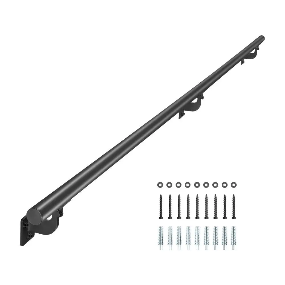

6ft Black Aluminum Wall Mounted Stair Handrail Indoor Outdoor Railing for Safety and Support