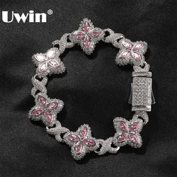 UWIN Iced Out Pink Baguettecz bracciali floreali per donna uomo Bling Cubic Zirconia Infinity collane a catena cubana gioielli di moda