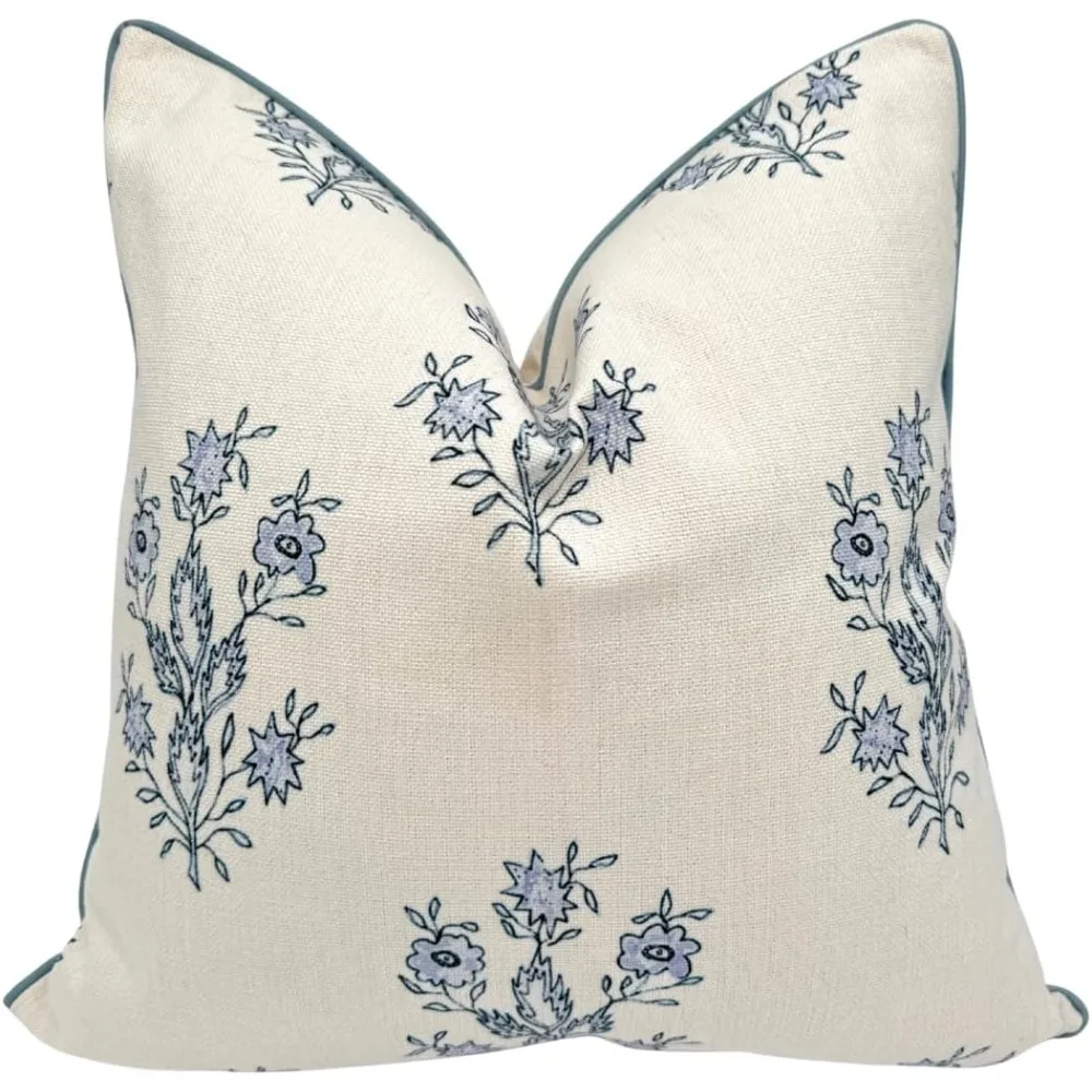 

Mary's Periwinkle Floral Block Print Pillowcase - Blue and Off-White Decorative Cushion Cover - Grandmillennial Home Decor