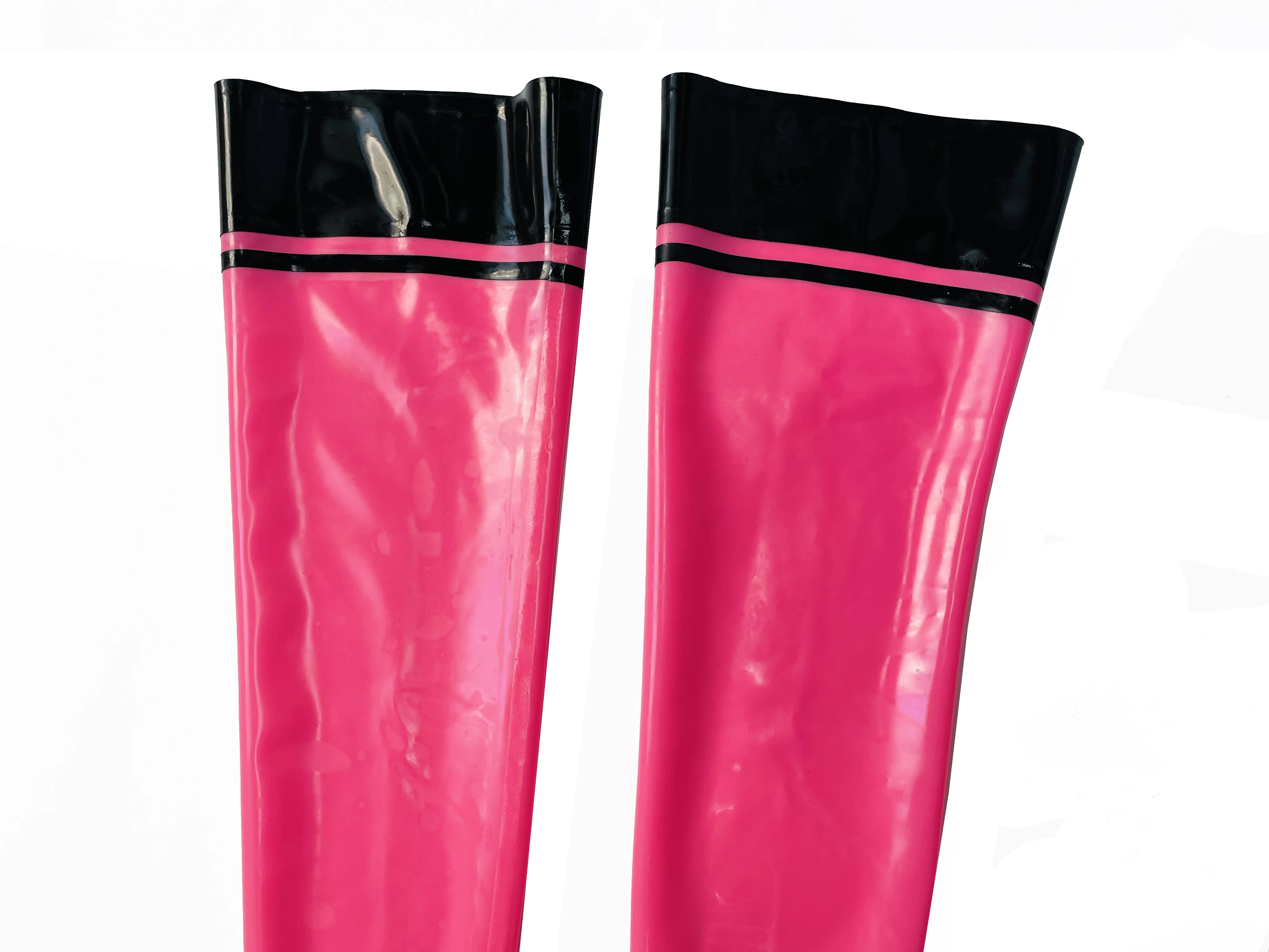 Розовые латексные чулки-гумки с черной отделкой, длинные чулки до бедра 0,4