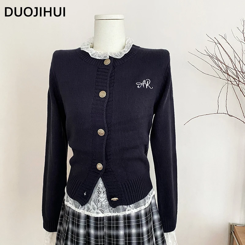 DUOJIHUI Three Piece Solid Color Knit Women's Cardigan Autumn Chicly Slim Top Fashion Plaid Skirts O-neck Button Female Cardigan