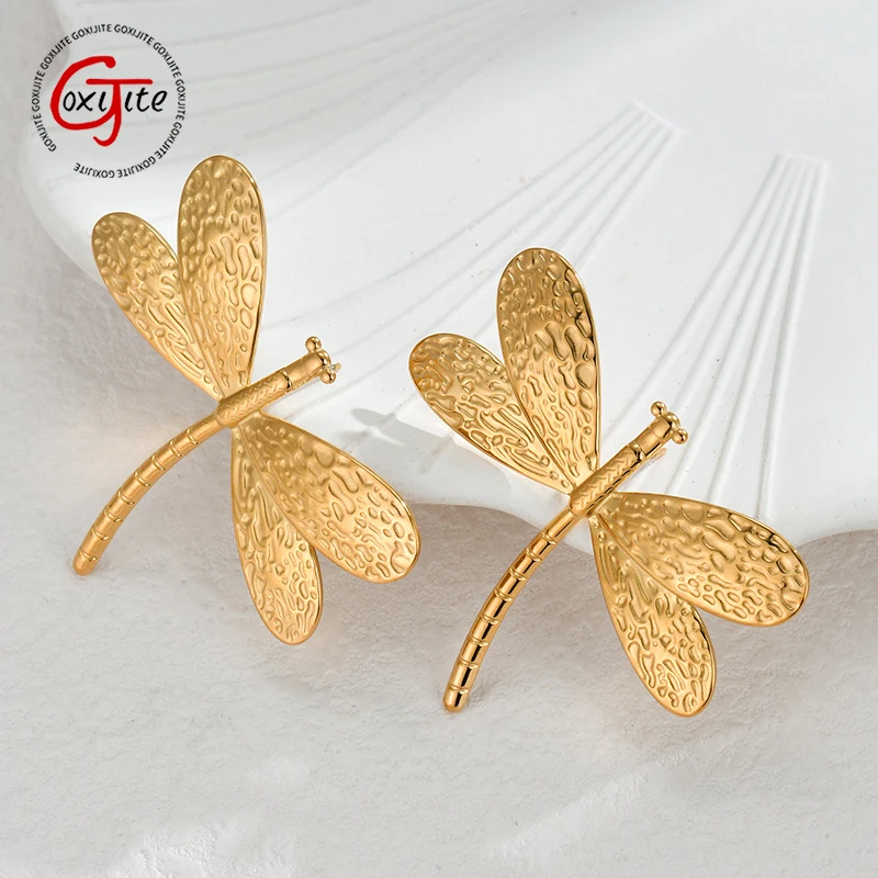 Goxijite Fashion New Style Gold Stud Earrings Stainless Steel Irregular Texture Dragonfly Earrings Girl Women Accessories Gift