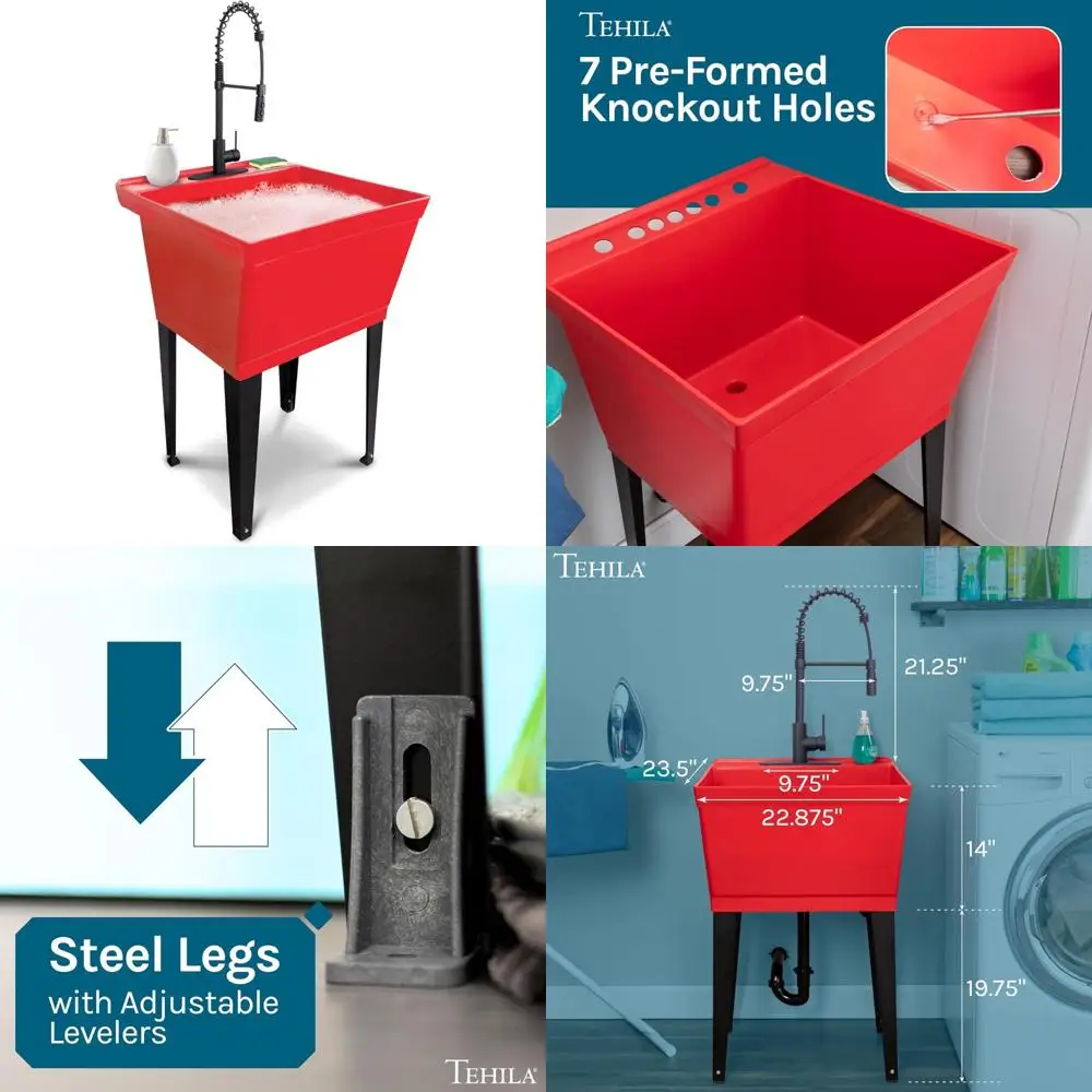 

Очень темно-красная ванна для стирки с матовым черным смесителем с высокой дугой и распылителем, встроенными линиями подачи для улучшенной эффективности домашней стирки