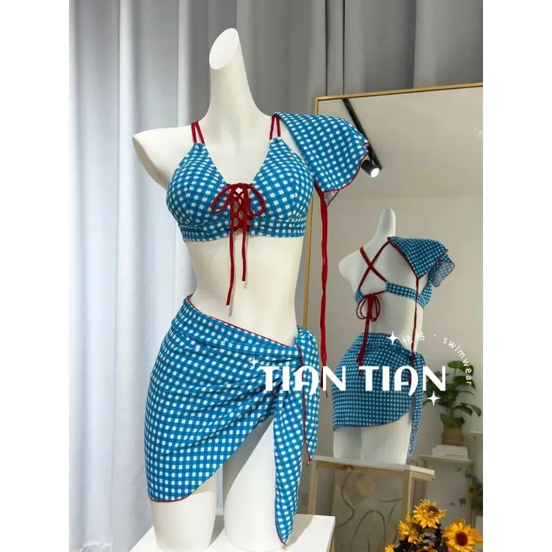 Retro Plaid Halter Three Piece Bikini Set With Headscarf Pure Desire Hot Girl Beach Swimsuit