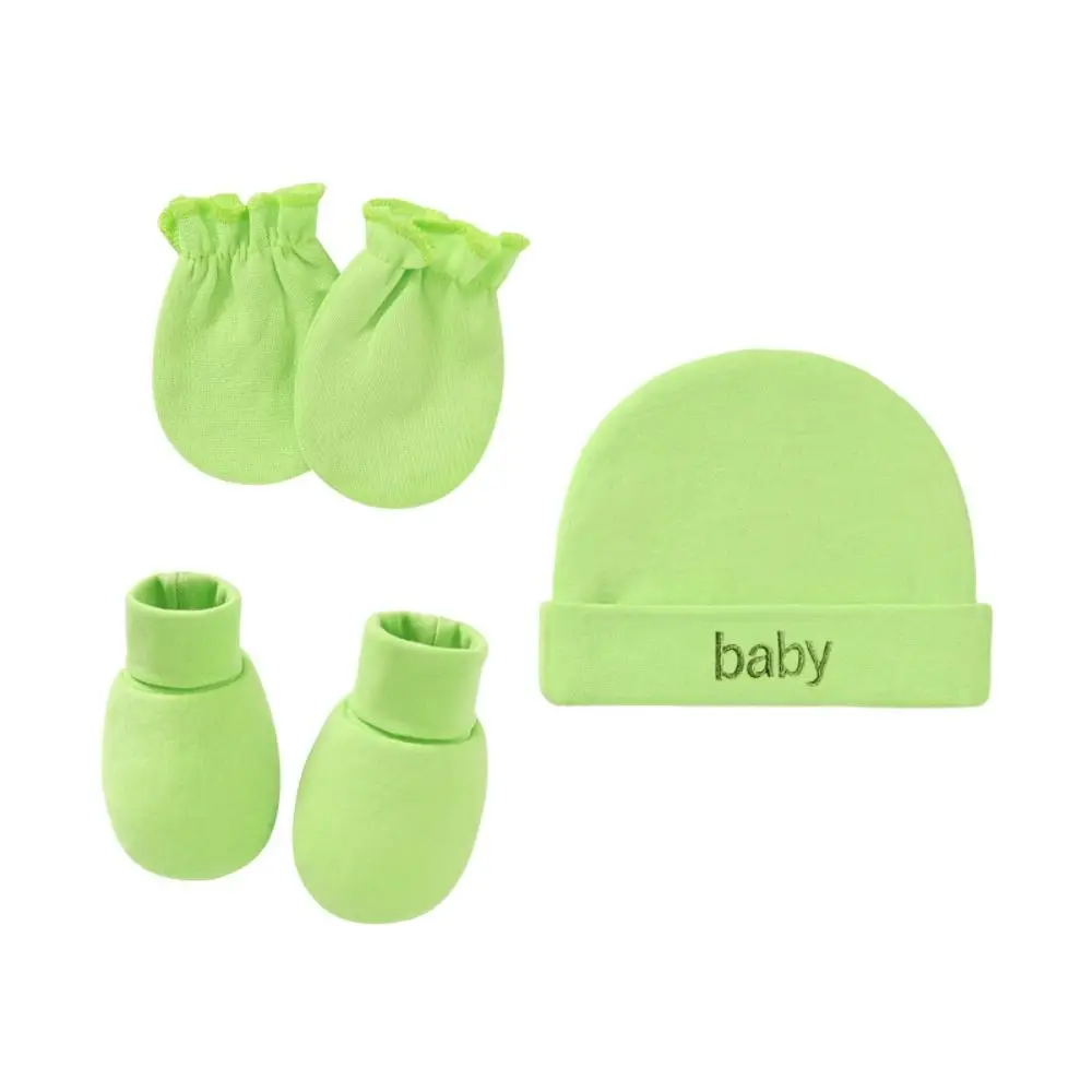 3pcs/ Set Solid Color Mittens Socks Hat Cap Stretchy Monolayer Cap Gloves Foot Cover Anti Scratch Cotton Baby Accessories Infant