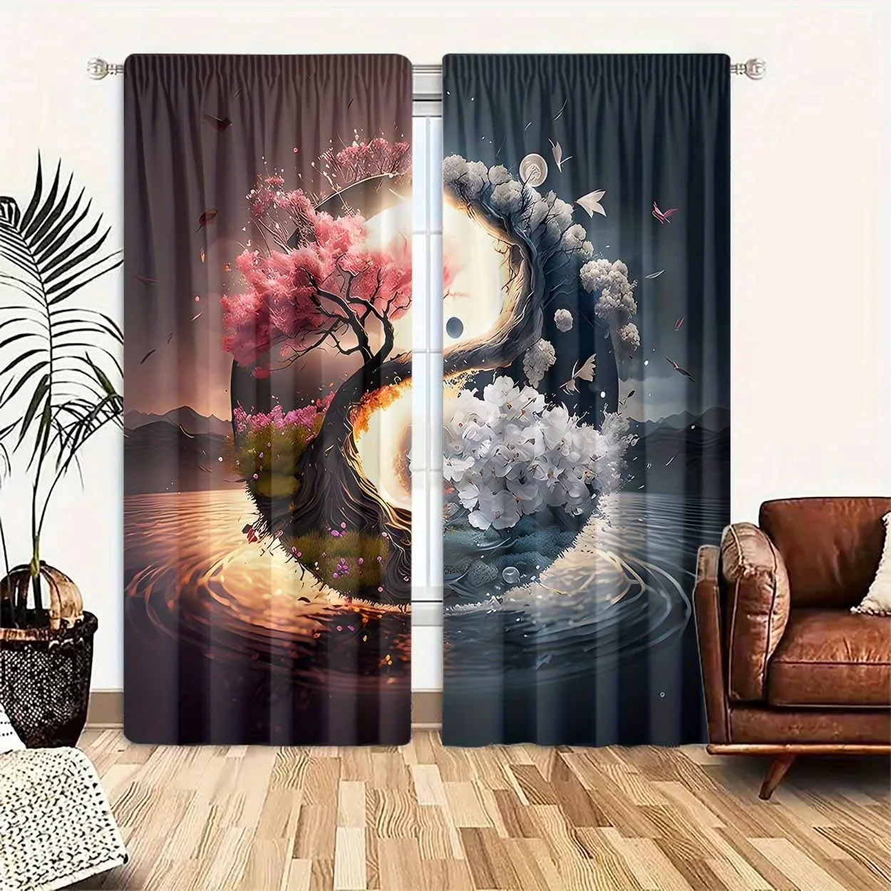 2pcs Yin Yang Tree Landscape Print Curtains Chinese Zen Art Pattern Polyester Window Drapes for Living Room Bedroom Decor