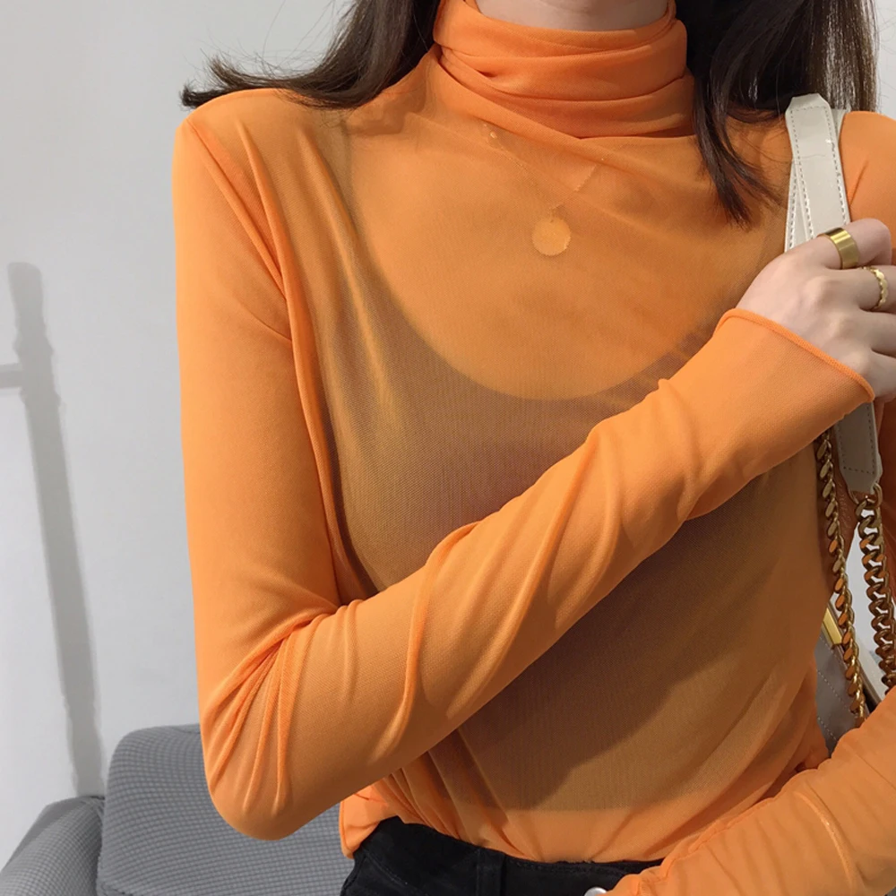Women Transparent Elastic Shirt Lace Blouse Black White Purple Orange Green Female Bottoming Blouses S-2XL Size Kawaii T Shirt