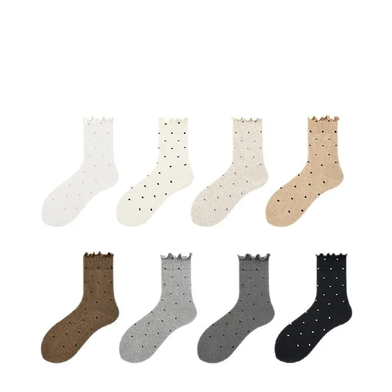 8 paires de chaussettes à pois pour femmes, automne-hiver, en coton, Coquette de café, chaussettes chaudes décontractées pour filles, bonneterie de haute qualité, 2025