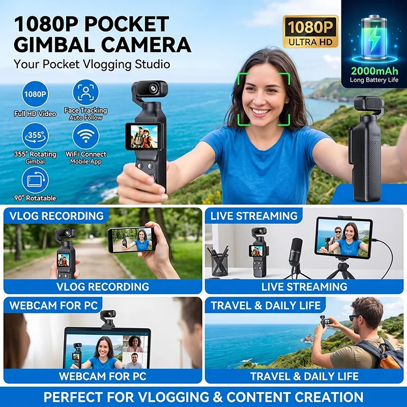 Action Camera 1080P 2 inch Touch Screen 355° Face Tracking Gimbal Stabilizer WiFi Pocket Vlogging Camera for Outdoor Recording
