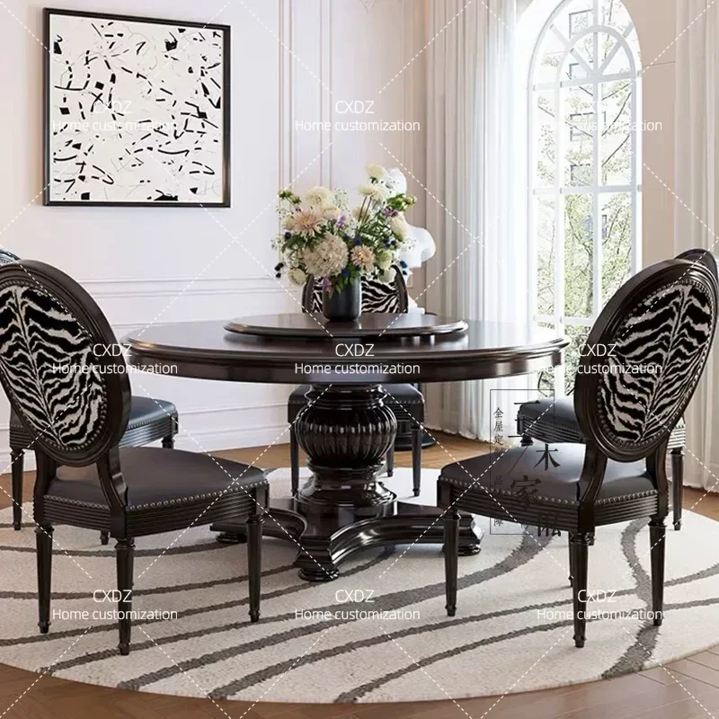 French Style Solid Wood Carved Floral Round Dining Table European Castle Design Large Flat Base Leisure Reception Table