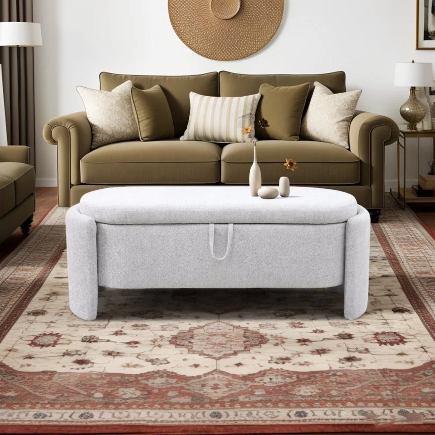 Modern Grey-White High-Resilience Sponge Stool with Premium Wood Frame for Bedroom Living Room Outdoor Hotel Use Ottoman Seat