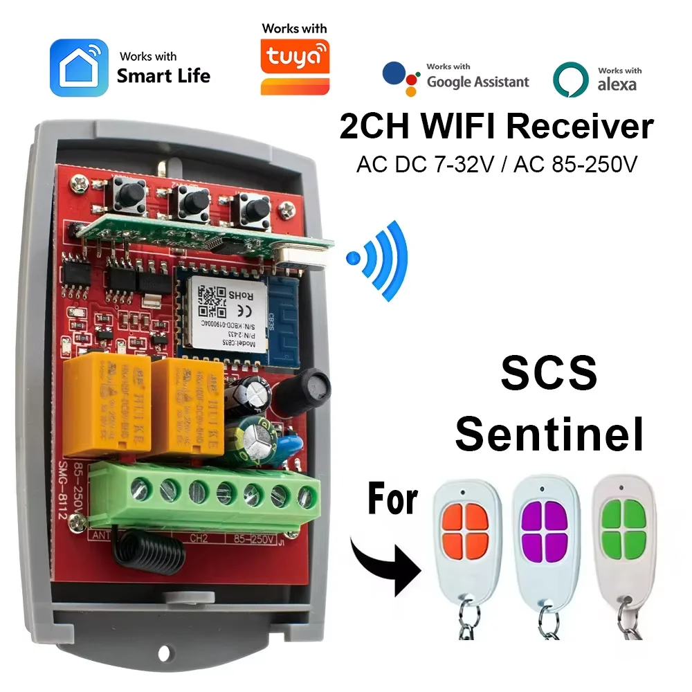 SCS SENTINEL Works With Tuya Smart Switch Module 2CH WIFI Garage Remote Control Receiver AC/DC 7-32V 85-250V 433.92MHz