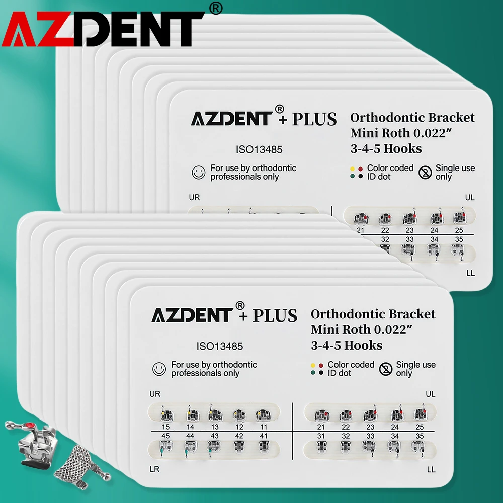 20 Packs AZDENT Plus Dental Orthodontic Metal Brackets Braces Mini Standard Roth/MBT 0.022/0.018 with 3/345 Hooks Lab Materials