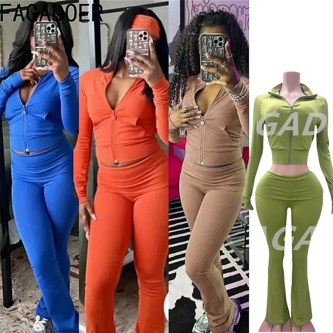 FAGADOER Jesienno-zimowe 2-częściowe zestawy damskie Outfit Casual Zip Pocket Crop Tops + Legginsy z wysokim stanem Spodnie Garnitury Jogger Streetwear