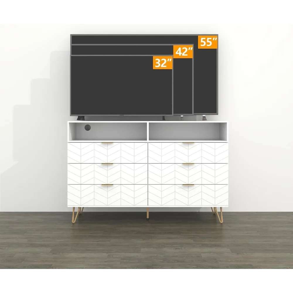 Commode double à 6 tiroirs avec prise de courant et lumière LED, commode longue blanche avec rangement, meuble tv large en bois