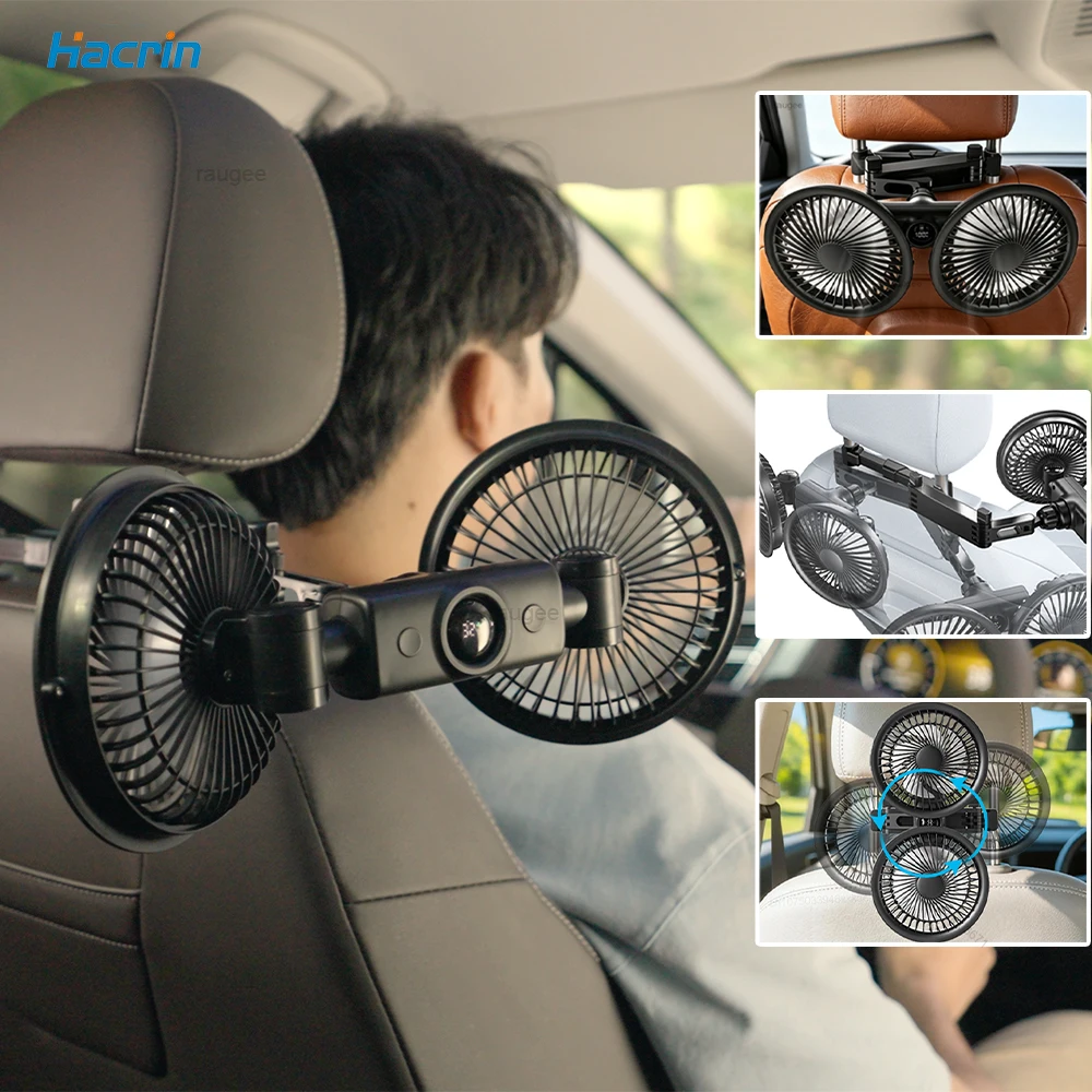 Dual Head Car Fan USB Car Backseat Fans Folable 360° Rotatable Vehicle Rear Cooling Fans Electric Air Circulation Fan for Car
