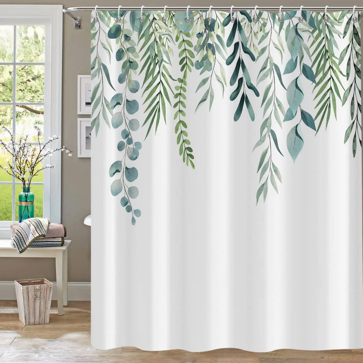 Blue Eucalyptus Leaves Shower Curtains Watercolor Flowers Plant Leaf Bath Curtain Set Polyester Fabric Bathroom Decor with Hooks