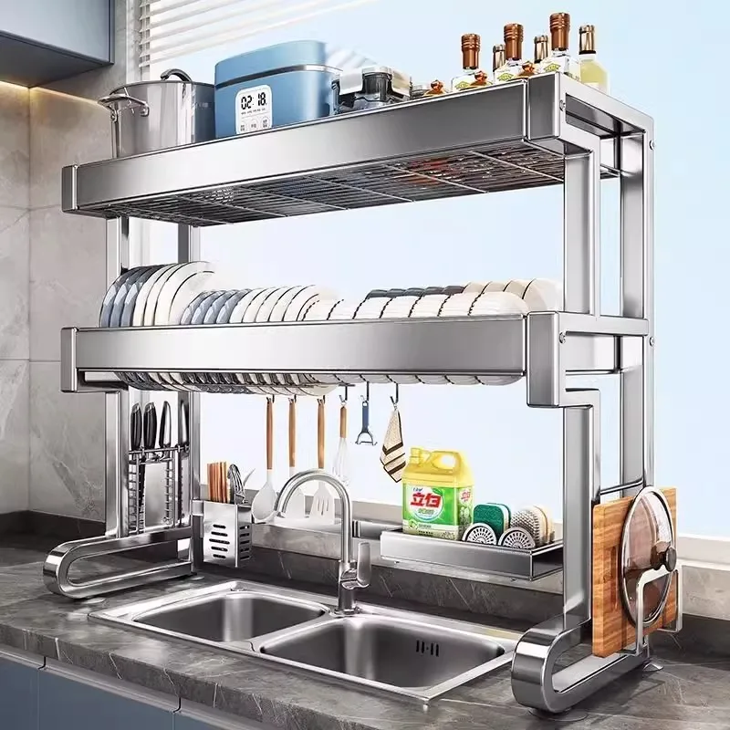 Stainless Steel Multi-Function Sink Rack Kitchen Countertop Single Or Double Tier Dish Drainer Utensil Basket Knife Holder