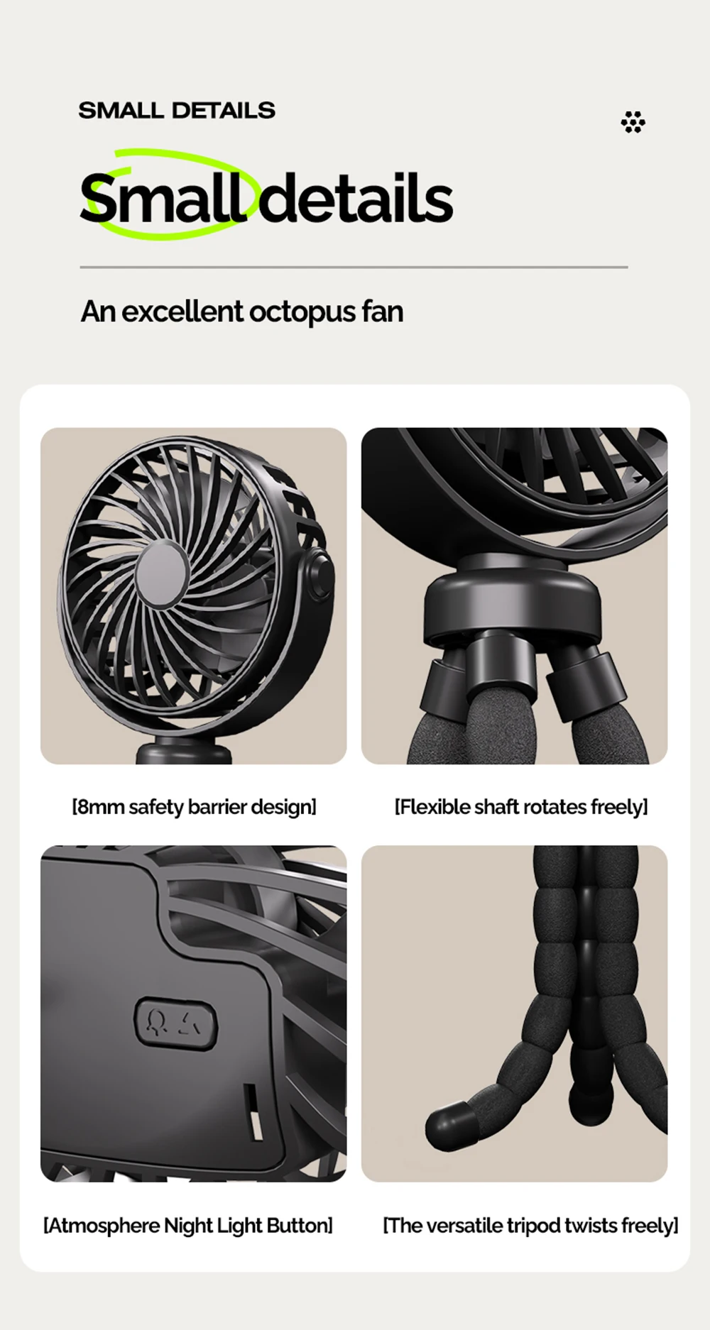 Mini Oszillierender Ventilator, Geräuschloser Oktopus-Ventilator, Flexibel Einstellbar, Handheld/Hängend/Umwickelbar/Stehend, Mini-Ventilator mit Licht, Kinderwagen-Ventilator – Detail 12
