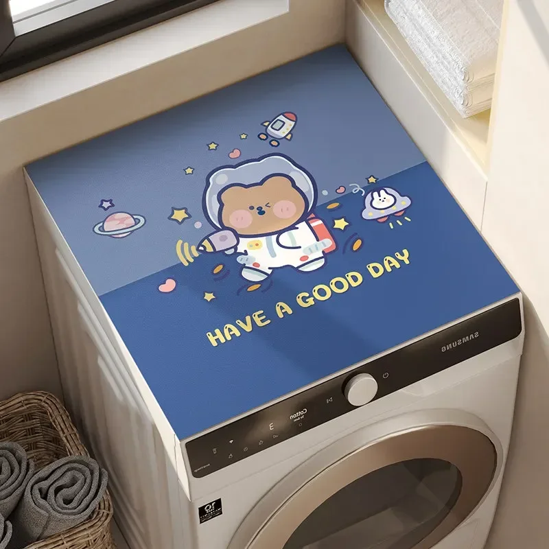 VIKAMA Space Astronaut Bear Washing Machine Top Mat Blue Planet Star Print Waterproof Anti Dust Laundry Dryer Cabinet Pad
