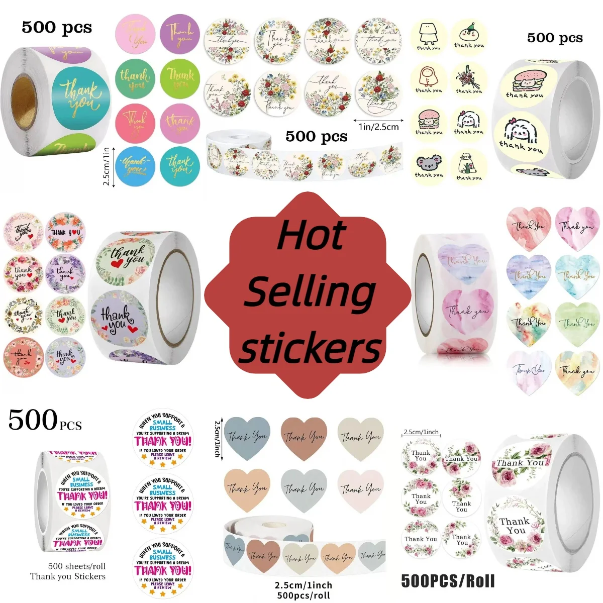 500 Adesivos de Agradecimento em Rolo: Redondos, Coração, Floral, Desenho Animado, Selo para Presente, Envelope, Casamento, Pequenas Empresas, Coreia, DIY, Etiquetas Adesivas