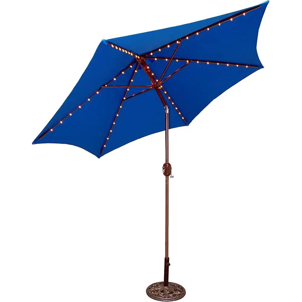 9ft Lighted Patio Umbrella Aluminum Frame LED Amber Lights Royal Blue Cover Adjustable Tilt Outdoor Party Wind Vent