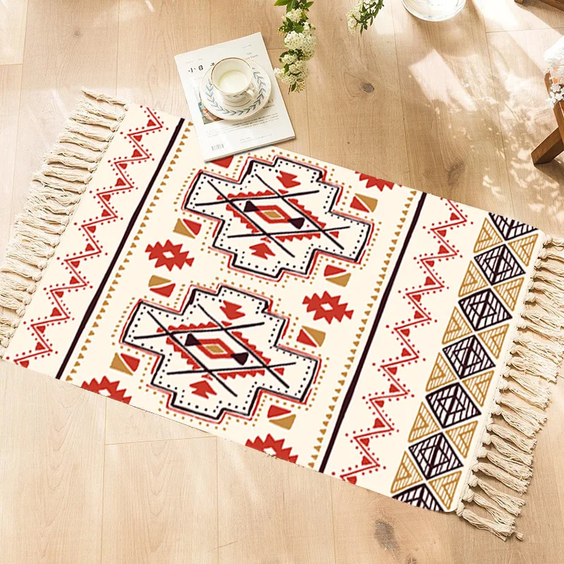 Bohemian Style Polyester Cotton Hand Woven Tassel Ethnic Style Bedroom Bedside Carpet Hotel and Homestay Decorative Carpet