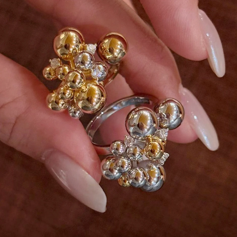 KQDANCE Design Vintage 925 Silver Thick Plated Gold Small Ball Ring For Women Men Open Finger Ring