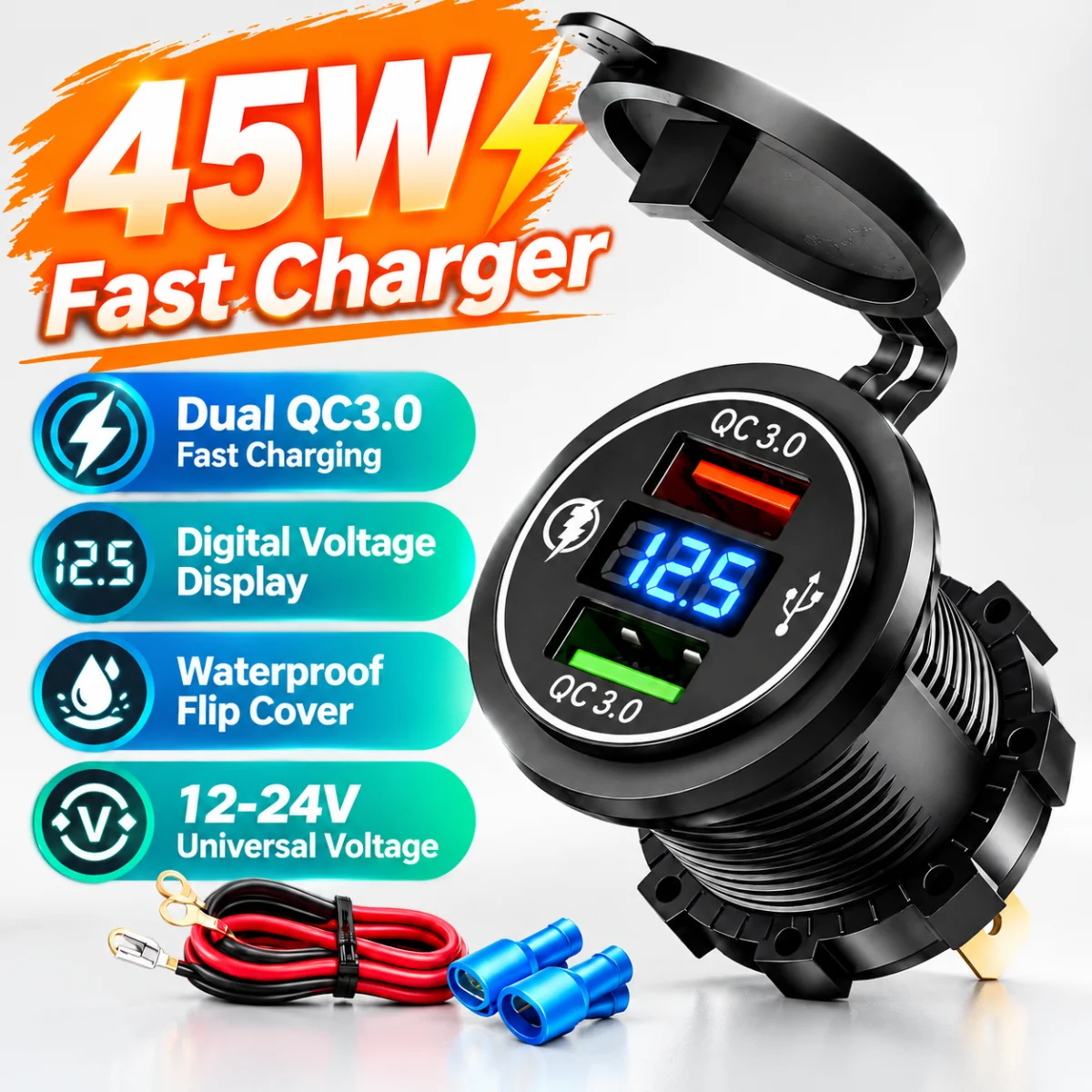12-24V Universal Dual QC3.0 Fast Charger USB Socket LED Voltage Display Car Charger for Motorcycle RV Boat Vehicle