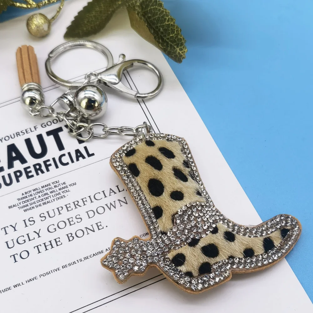 Leopard Print Rhinestone High Heels Keychain Pendant Fashion Ladies Car Key Accessory Alloy Jewelry Gift Small