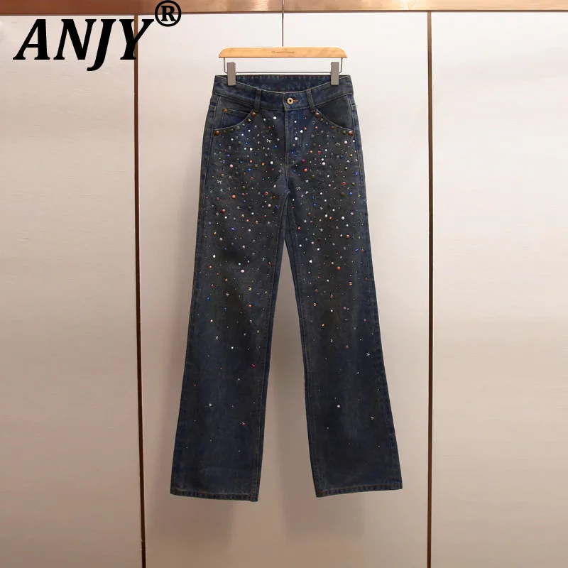 

ANJY Spring Autumn New Women French Style Heavy Vintage Diamonds Straight Jeans Trend Fashion High Street Ins Denim Pants A20592