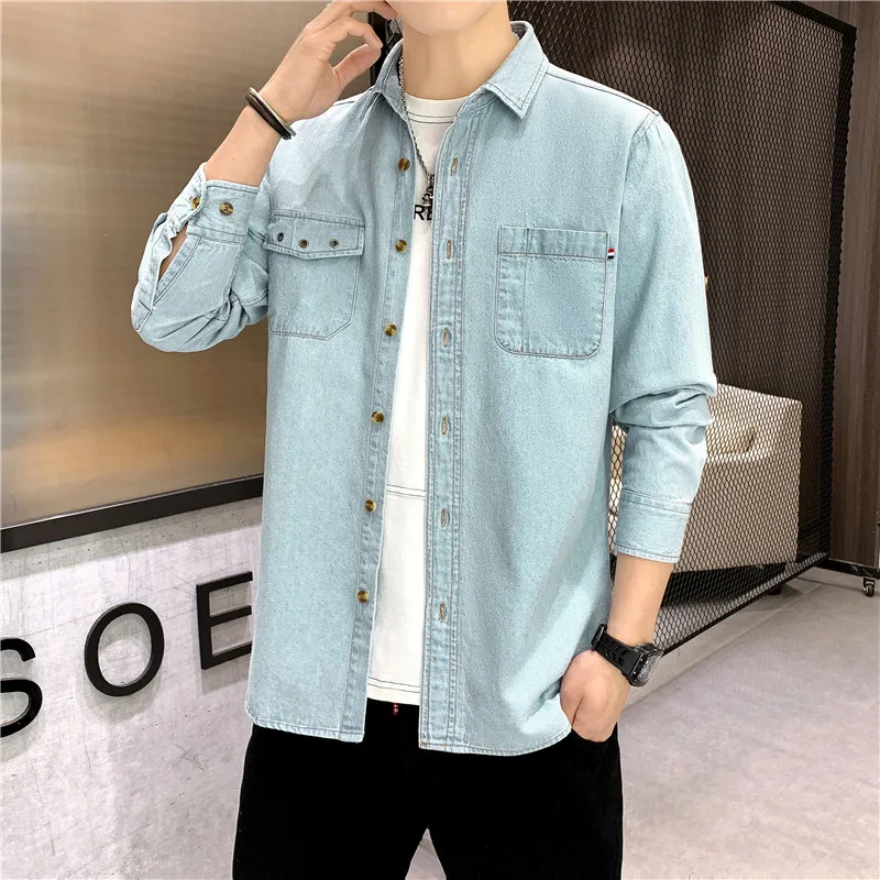 Denim Shirt for Men Jeans Cotton Long Sleeve Blue Blazer Button Up Y2K Casual Spring Summer Cardigan Loose Fashion  Black Coat