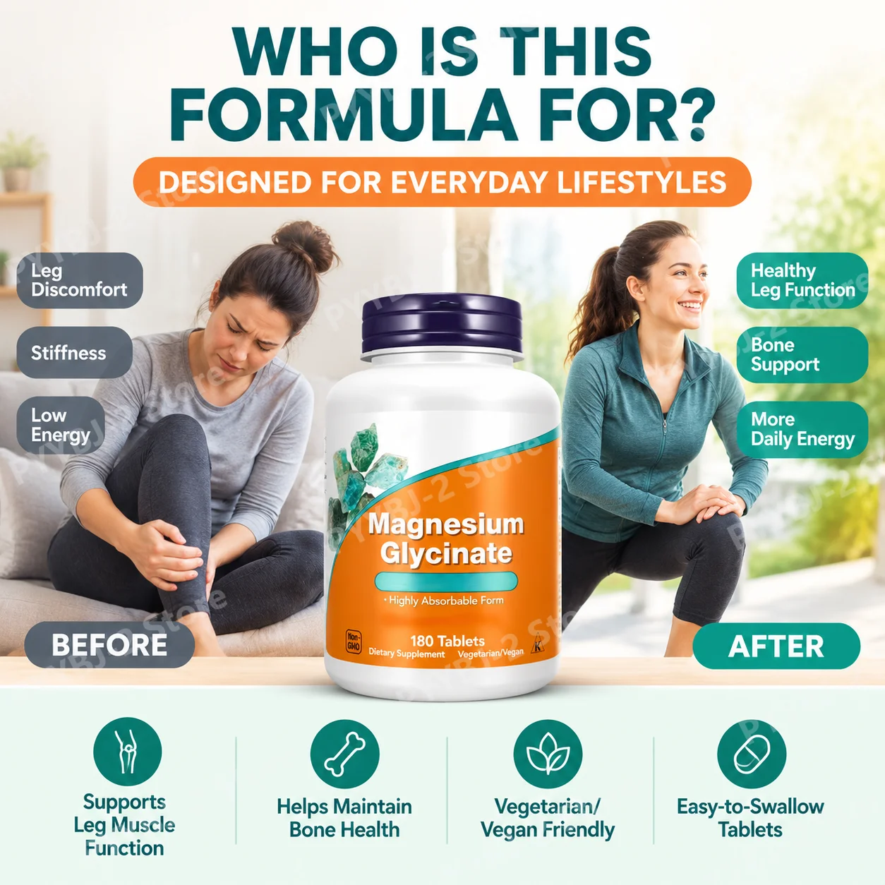 Magnesium Glycinate Tablets Maintain Leg Muscle Function & Bone Health with Magnesium Bisglycinate 180 Vegetarian Tablets